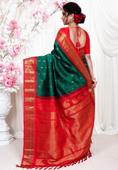 Bottle Green with Red Border Gadwal Pure Silk Saree With Blouse Piece - Adi Akshoy & Co.