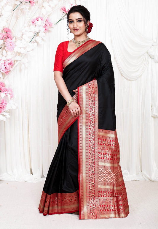 Black with Red Border Kanjivaram Silk Saree With Blouse Piece - Adi Akshoy & Co.