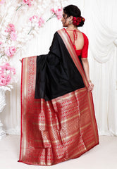 Black with Red Border Kanjivaram Silk Saree With Blouse Piece - Adi Akshoy & Co.