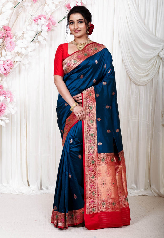 Turquoise Blue Minakari with Red Border Katan Pure Silk Saree With Blouse Piece - Adi Akshoy & Co.