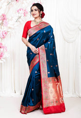 Turquoise Blue Minakari with Red Border Katan Pure Silk Saree With Blouse Piece - Adi Akshoy & Co.