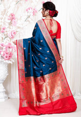 Turquoise Blue Minakari with Red Border Katan Pure Silk Saree With Blouse Piece - Adi Akshoy & Co.