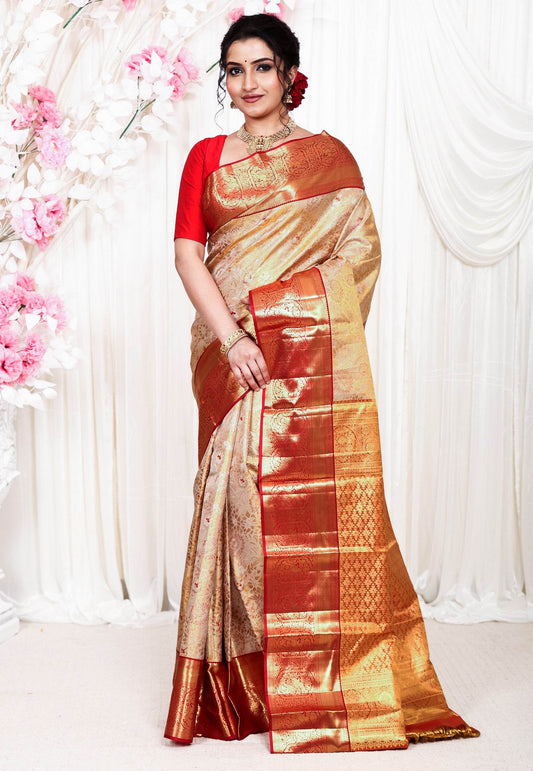 Golden Brocade with Red Border Tissue Kanjivaram Pure Silk Saree With Blouse Piece - Adi Akshoy & Co.