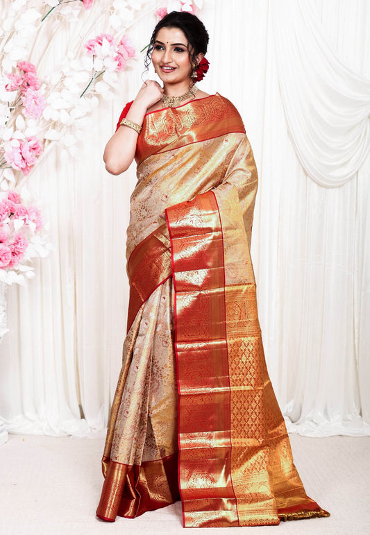 Golden Brocade with Red Border Tissue Kanjivaram Pure Silk Saree With Blouse Piece - Adi Akshoy & Co.