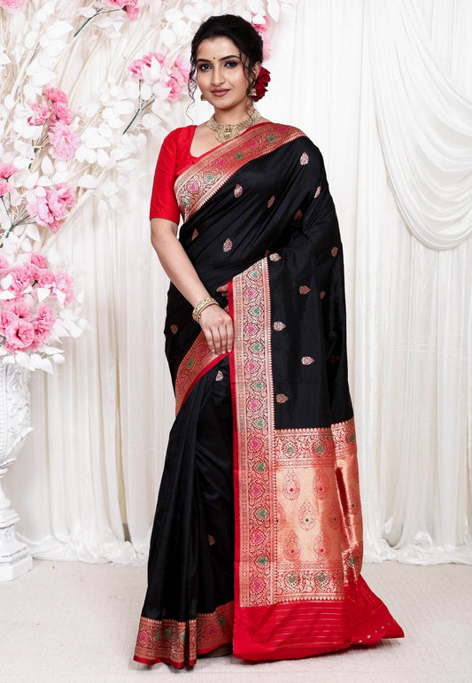 Black Minakari with Red Border Katan Pure Silk Saree With Blouse Piece - Adi Akshoy & Co.