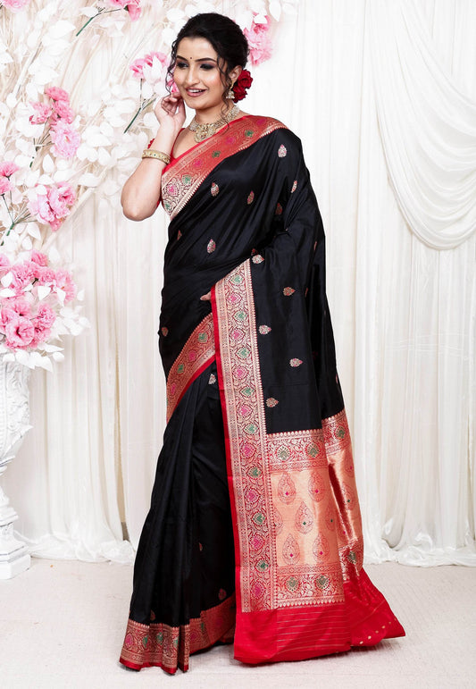 Black Minakari with Red Border Katan Pure Silk Saree With Blouse Piece - Adi Akshoy & Co.