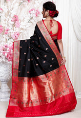 Black Minakari with Red Border Katan Pure Silk Saree With Blouse Piece - Adi Akshoy & Co.