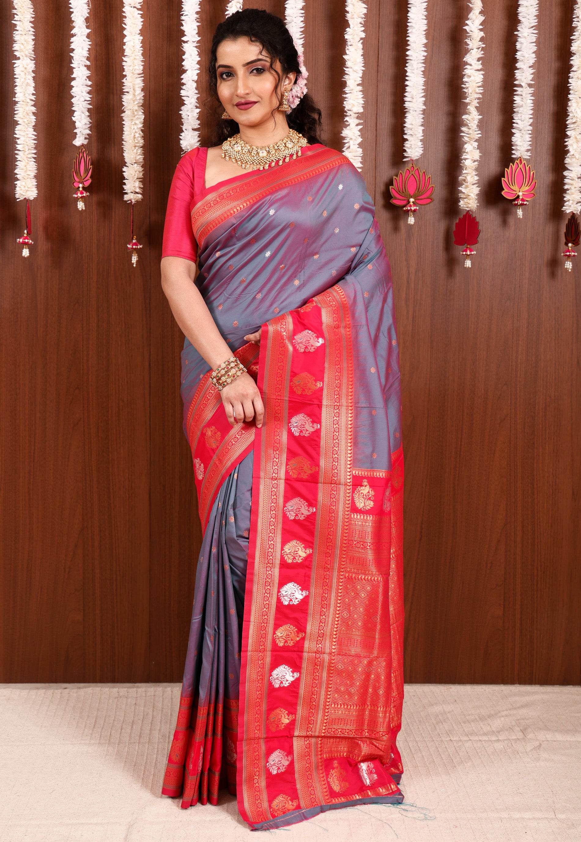 Dual shades of Purple and Blue with Rani Pink Border Kanjivaram Silk Saree With Blouse Piece - Adi Akshoy & Co.