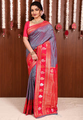 Dual shades of Purple and Blue with Rani Pink Border Kanjivaram Silk Saree With Blouse Piece - Adi Akshoy & Co.