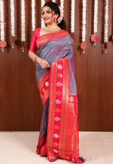 Dual shades of Purple and Blue with Rani Pink Border Kanjivaram Silk Saree With Blouse Piece - Adi Akshoy & Co.