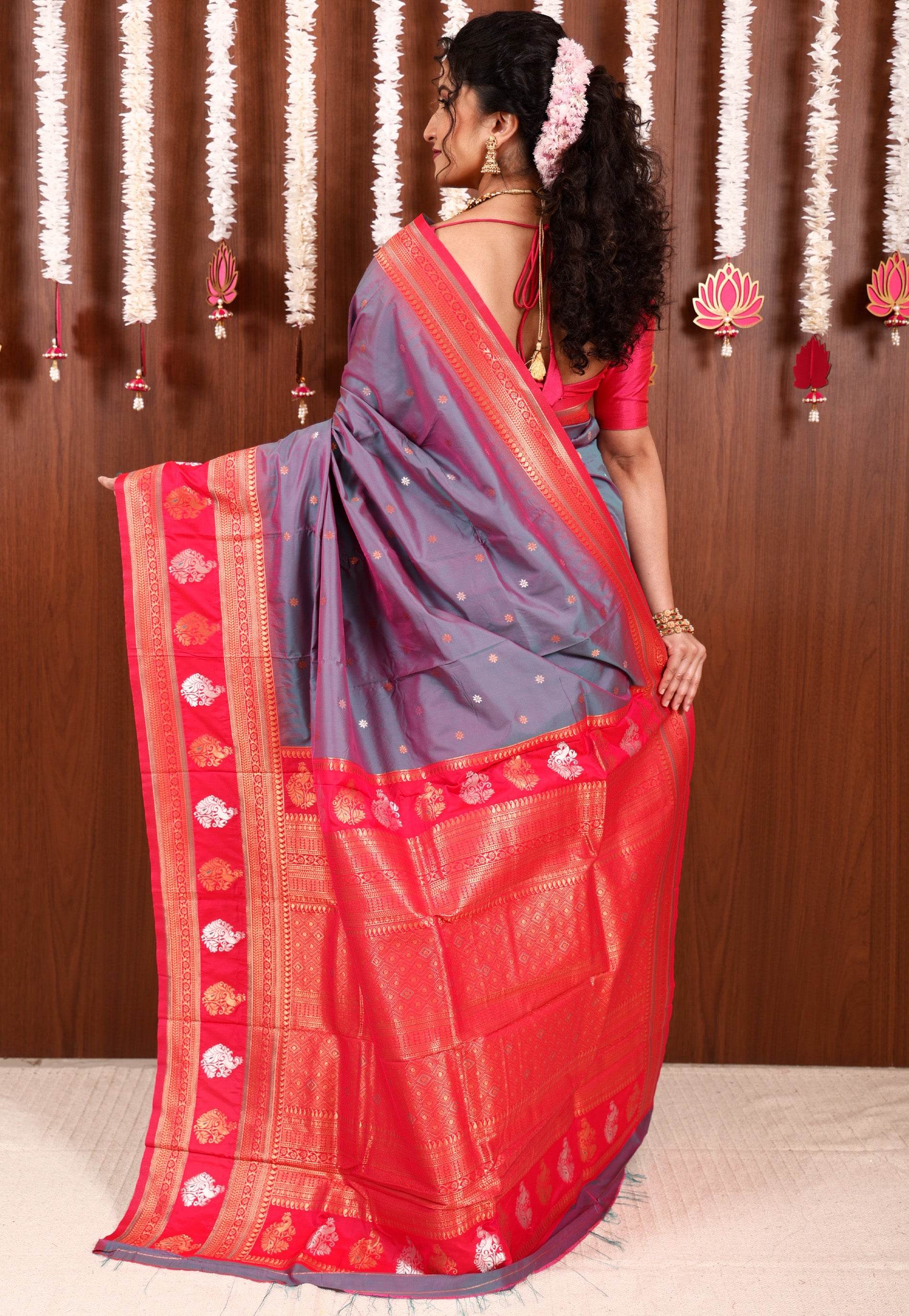 Dual shades of Purple and Blue with Rani Pink Border Kanjivaram Silk Saree With Blouse Piece - Adi Akshoy & Co.