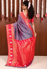 Dual shades of Purple and Blue with Rani Pink Border Kanjivaram Silk Saree With Blouse Piece - Adi Akshoy & Co.