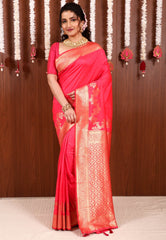 Rani Pink Katan Silk Saree With Blouse Piece - Adi Akshoy & Co.