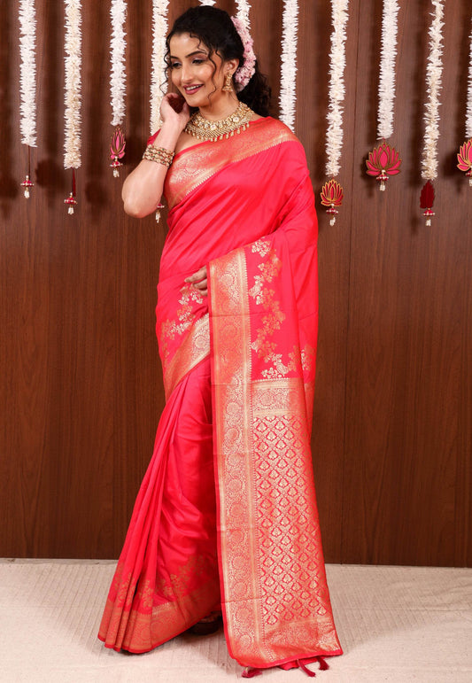 Rani Pink Katan Silk Saree With Blouse Piece - Adi Akshoy & Co.