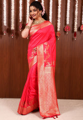Rani Pink Katan Silk Saree With Blouse Piece - Adi Akshoy & Co.