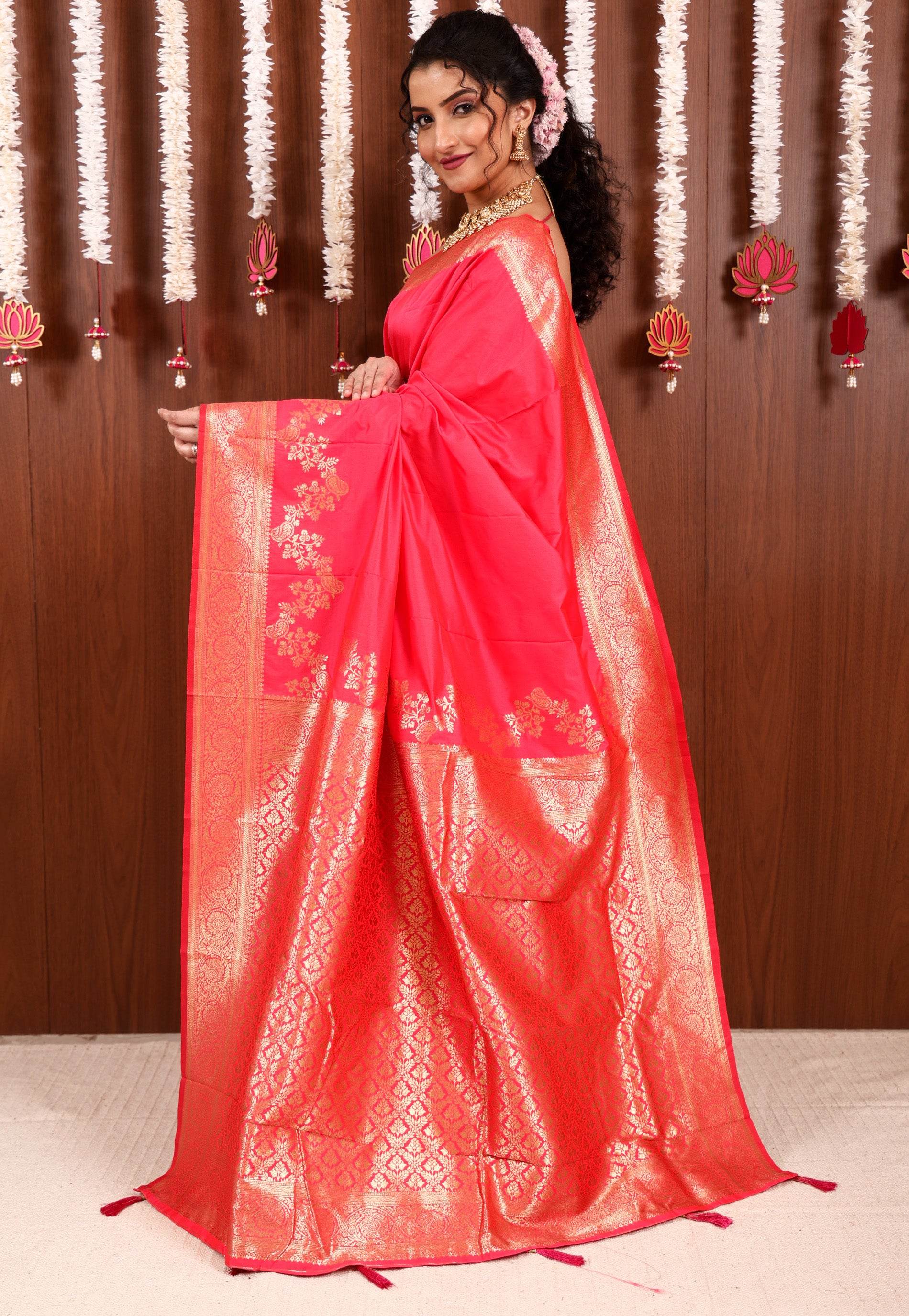 Rani Pink Katan Silk Saree With Blouse Piece - Adi Akshoy & Co.