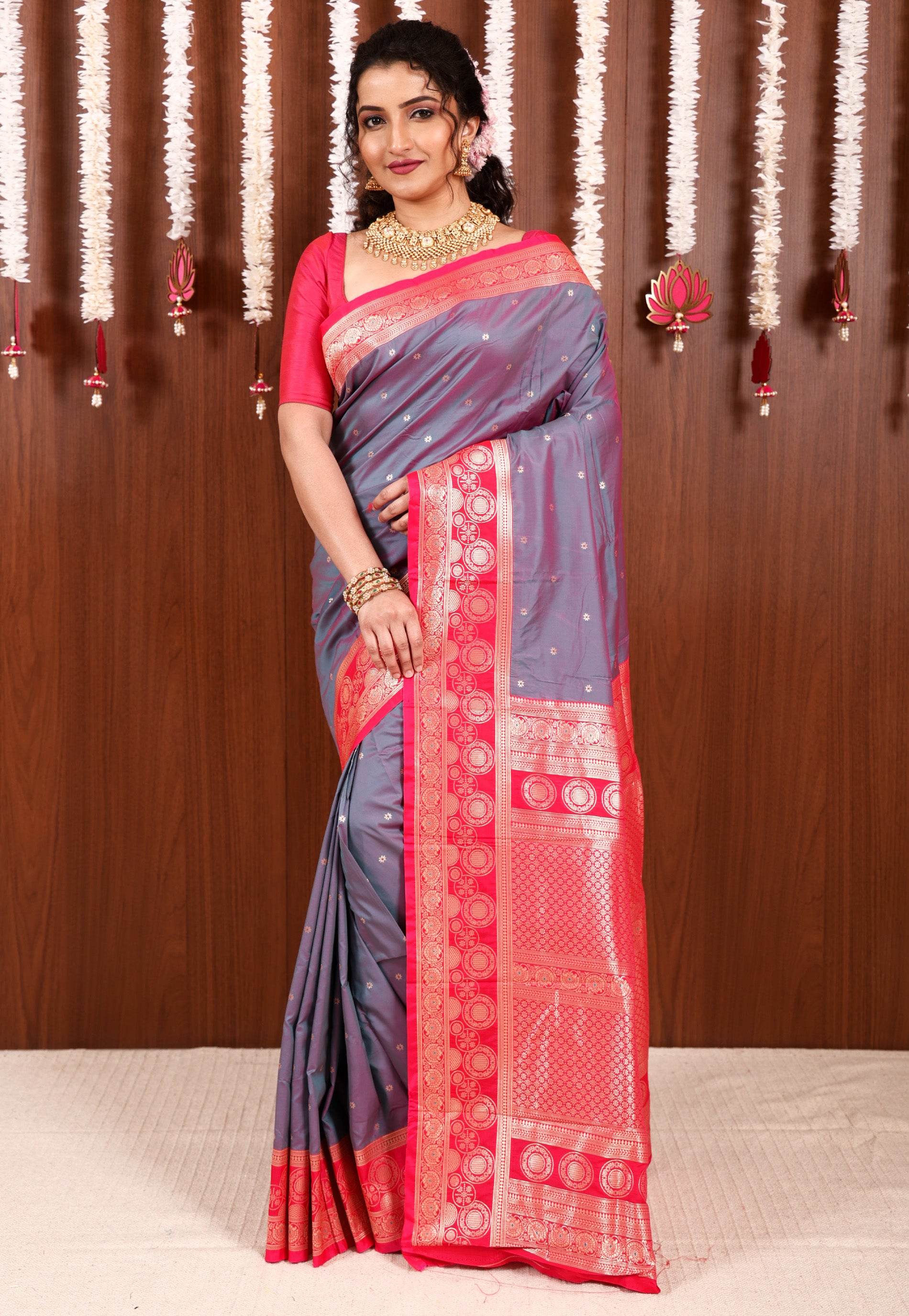 Dual shades of Purple and Blue with Rani Pink Border Kanjivaram Silk Saree With Blouse Piece - Adi Akshoy & Co.