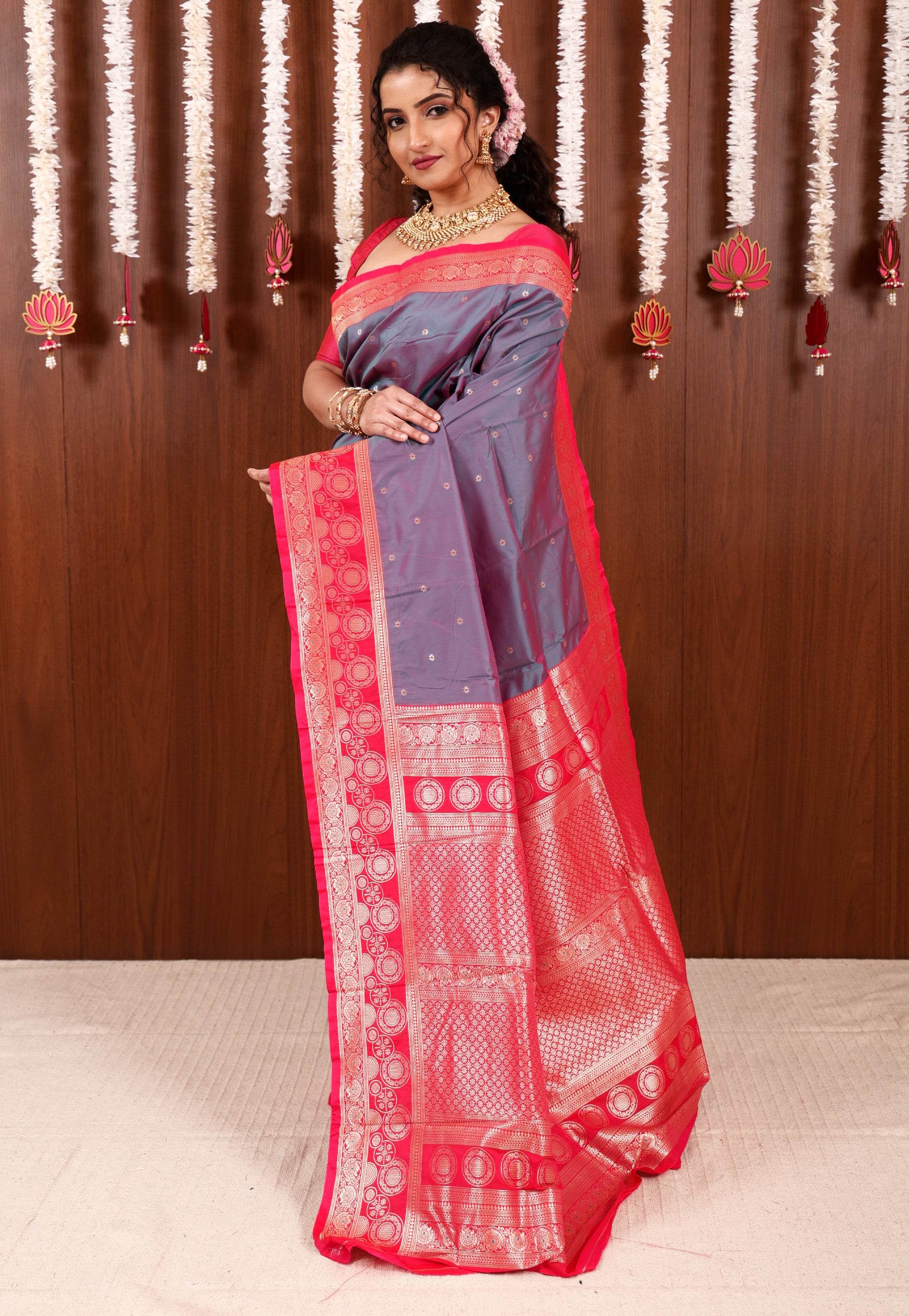 Dual shades of Purple and Blue with Rani Pink Border Kanjivaram Silk Saree With Blouse Piece - Adi Akshoy & Co.