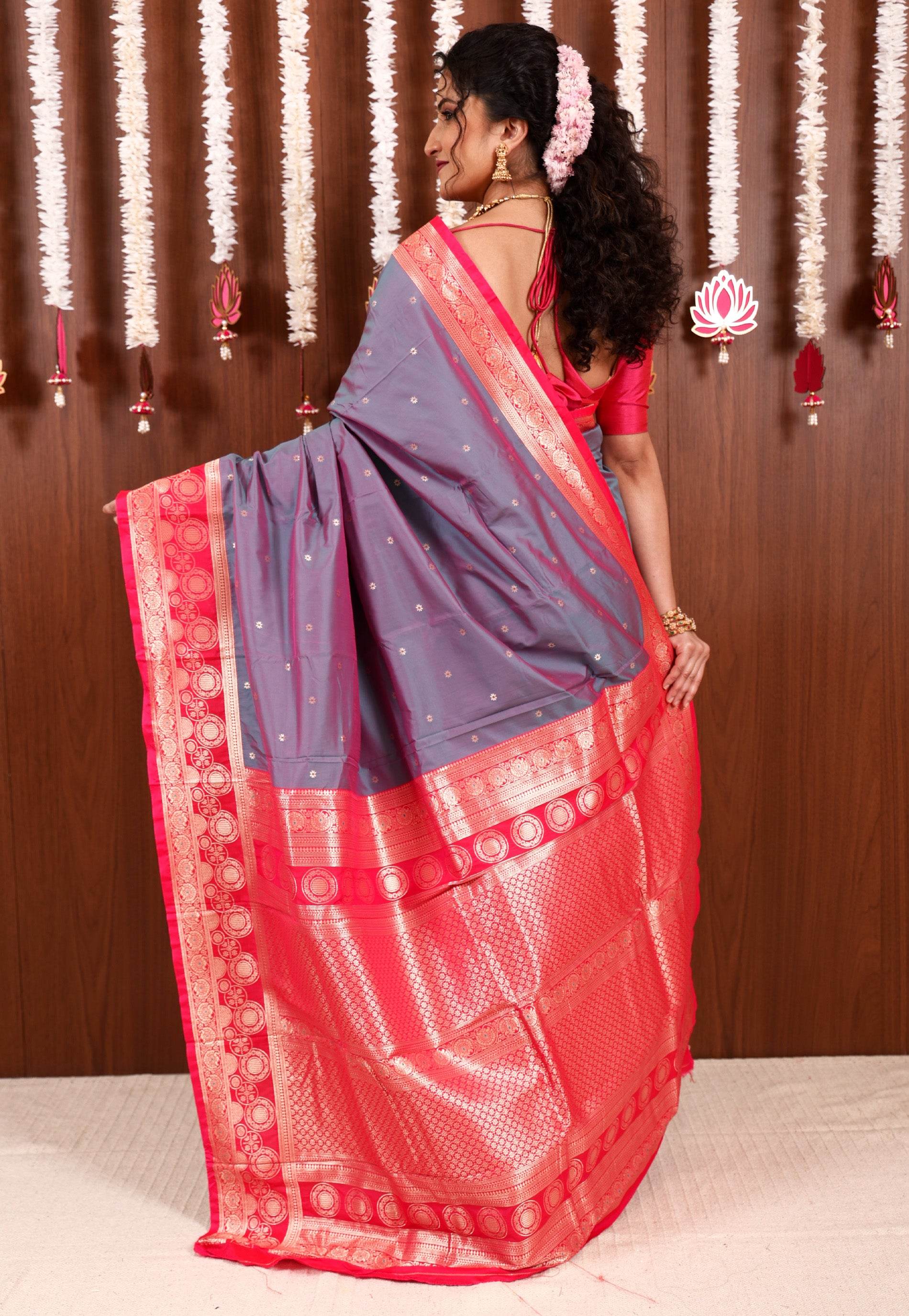 Dual shades of Purple and Blue with Rani Pink Border Kanjivaram Silk Saree With Blouse Piece - Adi Akshoy & Co.