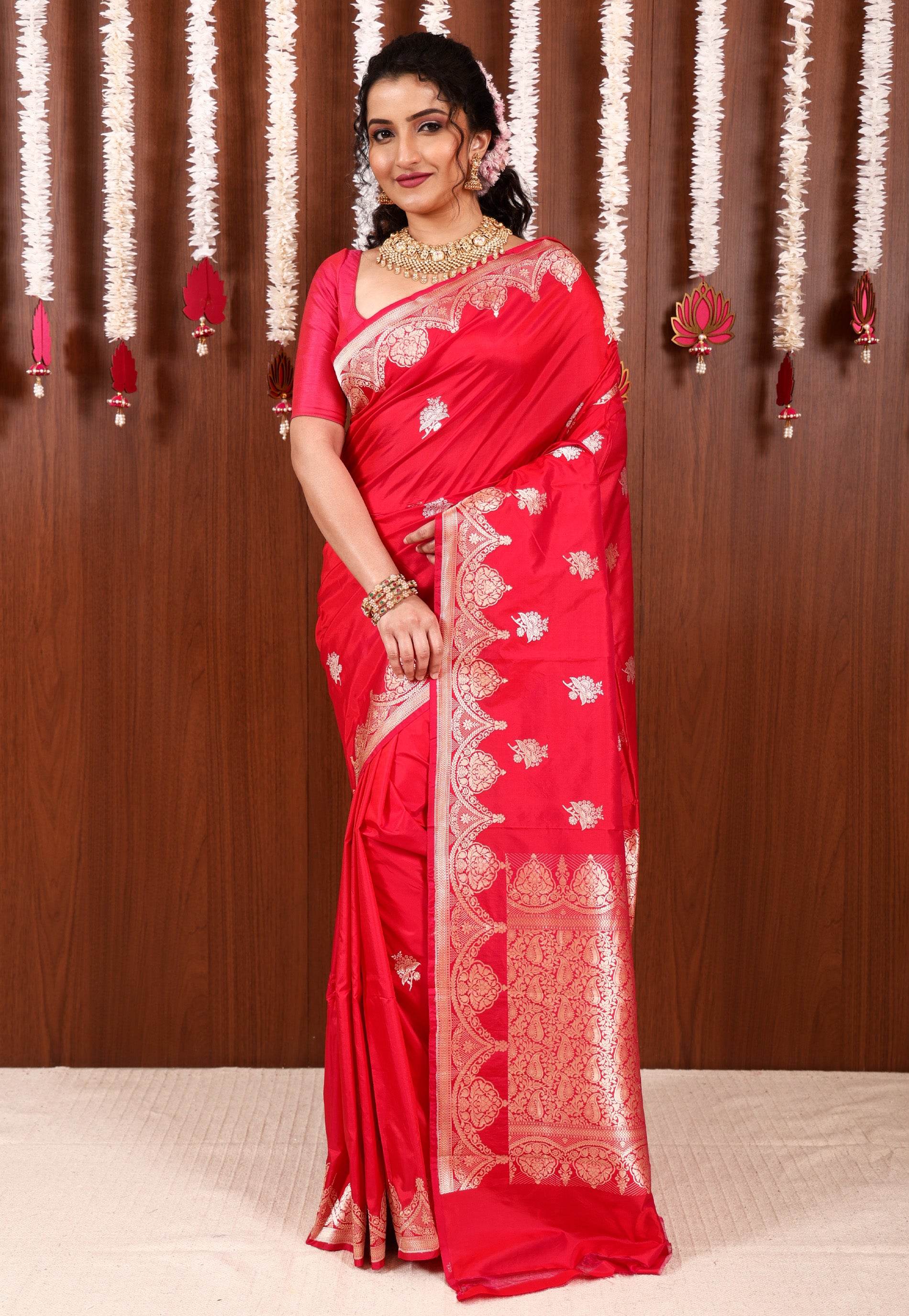 Rani Pink Katan Silk Saree With Blouse Piece - Adi Akshoy & Co.