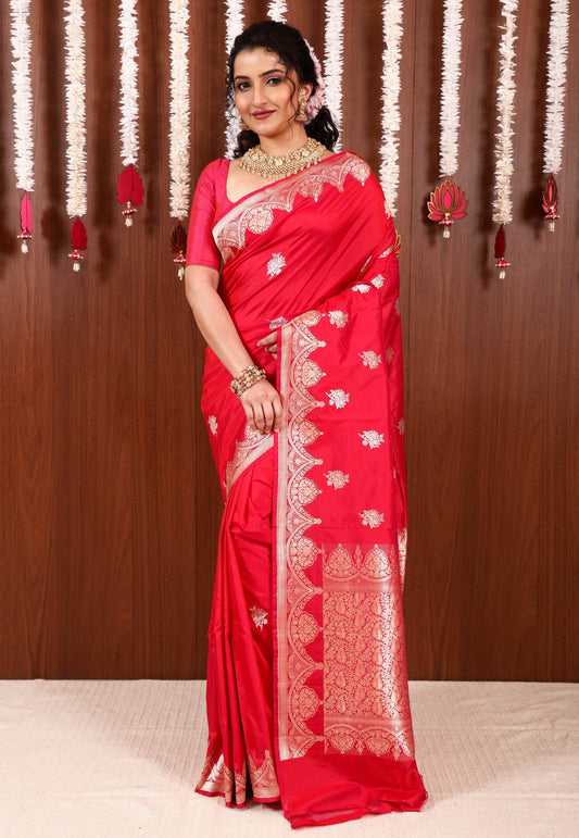 Rani Pink Katan Silk Saree With Blouse Piece - Adi Akshoy & Co.