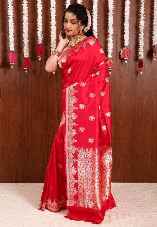 Rani Pink Katan Silk Saree With Blouse Piece - Adi Akshoy & Co.