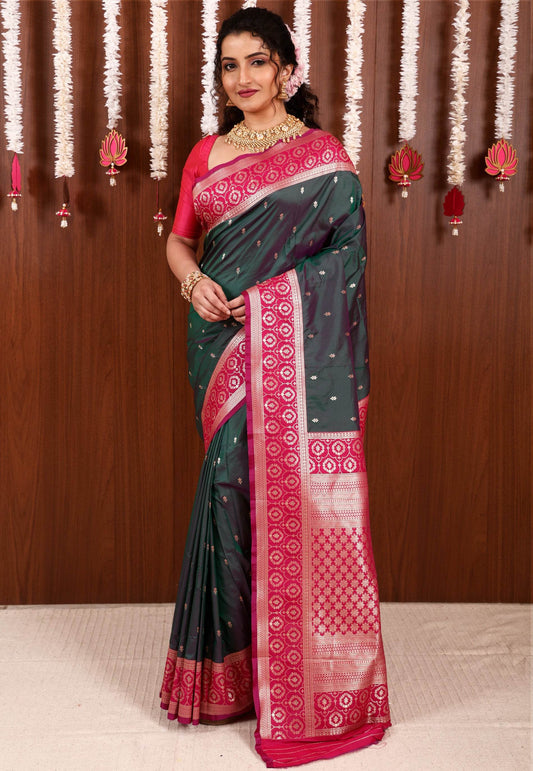 Cross Green with Rani Pink Border Kanjivaram Silk Saree With Blouse Piece - Adi Akshoy & Co.