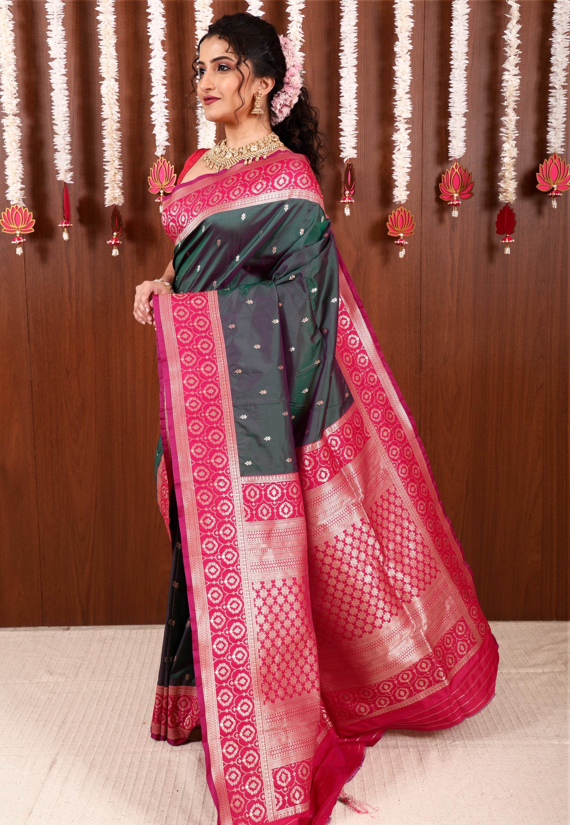 Cross Green with Rani Pink Border Kanjivaram Silk Saree With Blouse Piece - Adi Akshoy & Co.