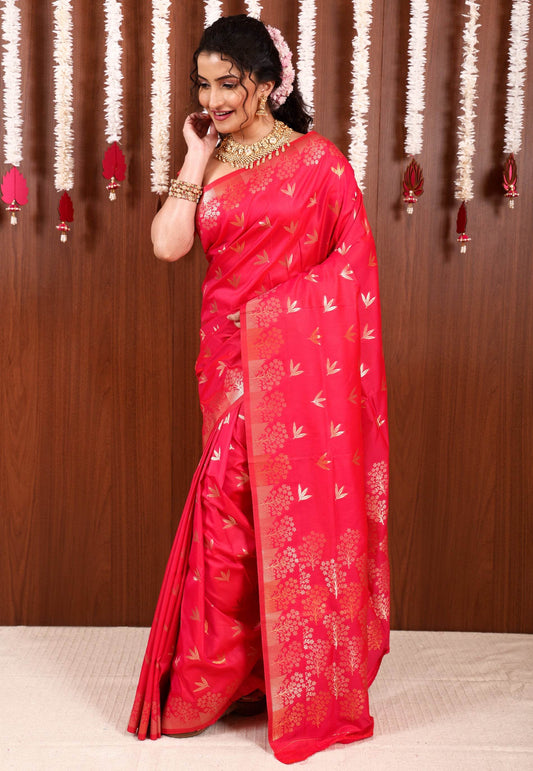 Rani Pink Katan Silk Saree With Blouse Piece - Adi Akshoy & Co.
