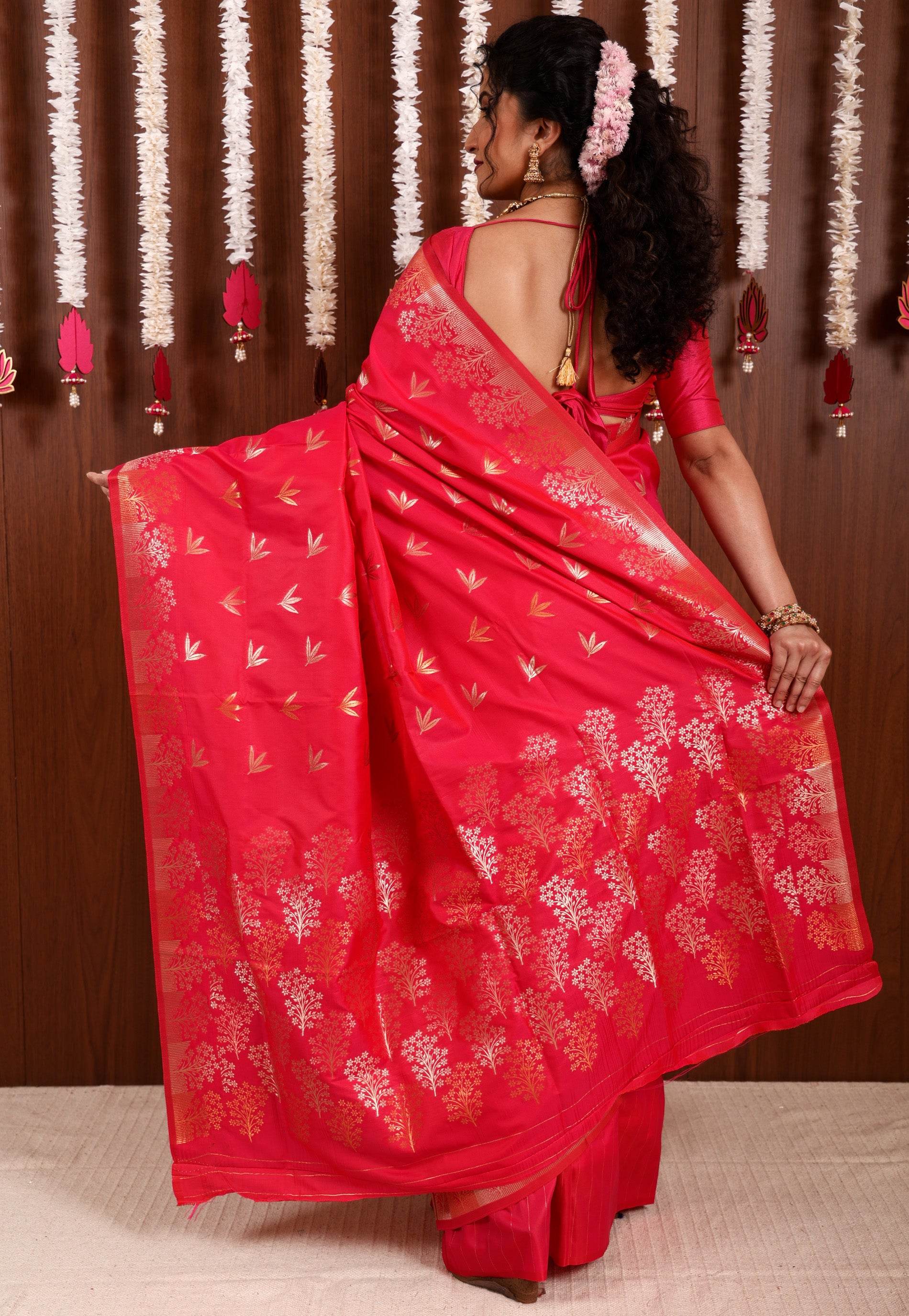 Rani Pink Katan Silk Saree With Blouse Piece - Adi Akshoy & Co.