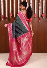 Cross Green with Rani Pink Border Kanjivaram Silk Saree With Blouse Piece - Adi Akshoy & Co.