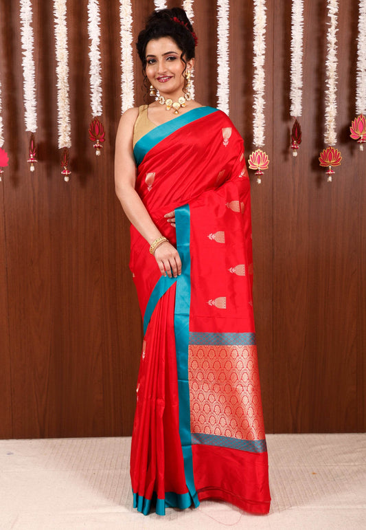 Red with Rama Green Border Katan Pure Silk Saree With Blouse Piece - Adi Akshoy & Co.