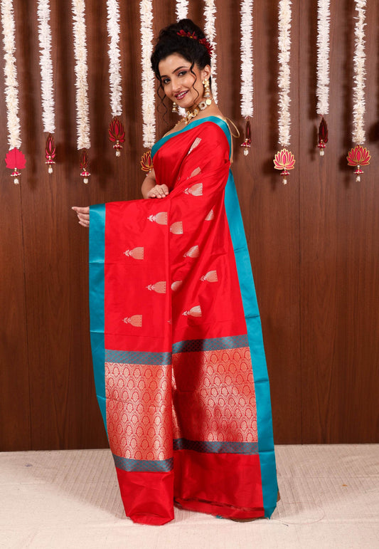Red with Rama Green Border Katan Pure Silk Saree With Blouse Piece - Adi Akshoy & Co.