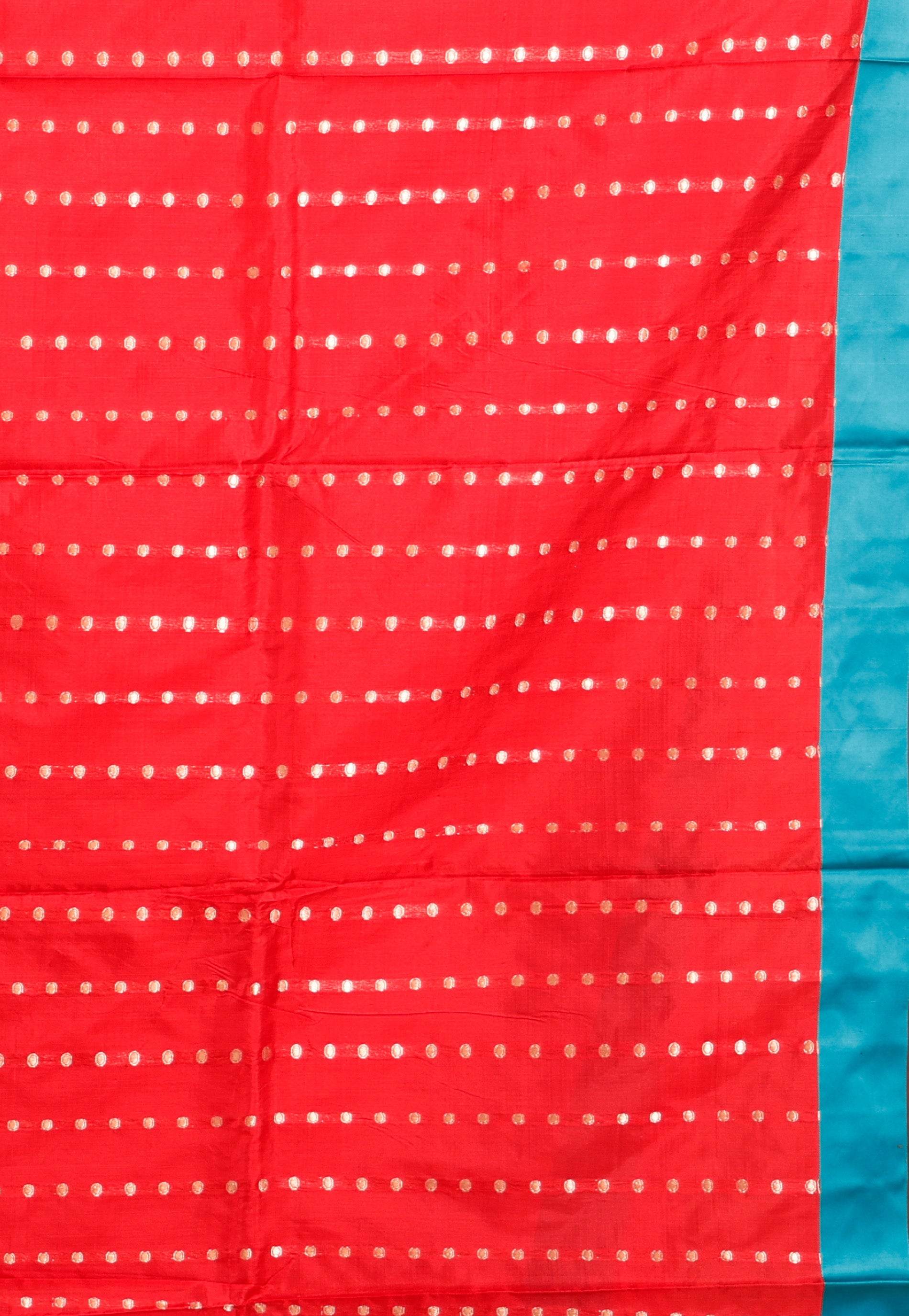 Red with Rama Green Border Katan Pure Silk Saree With Blouse Piece - Adi Akshoy & Co.