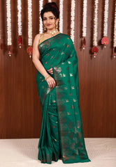 Rama Green Katan Silk Saree With Blouse Piece - Adi Akshoy & Co.