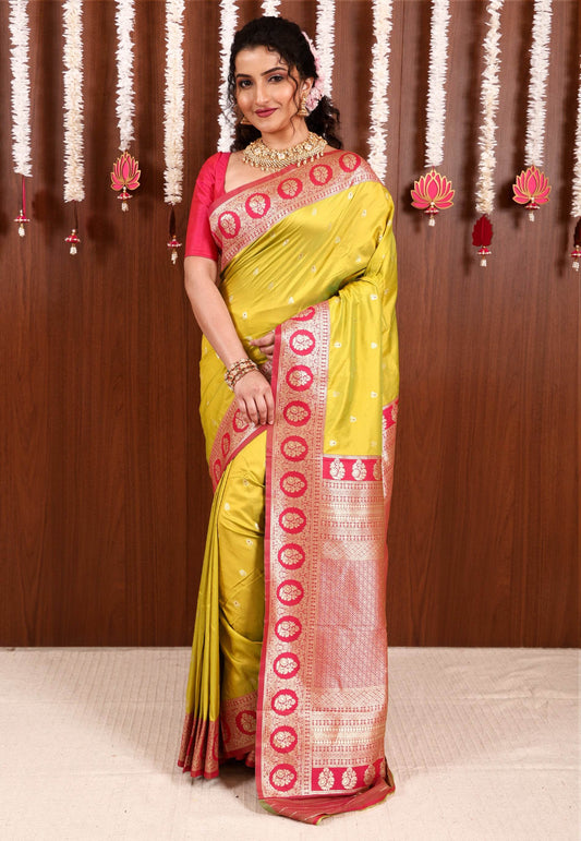 Lime Green with Rani Pink Border Kanjivaram Silk Saree With Blouse Piece - Adi Akshoy & Co.