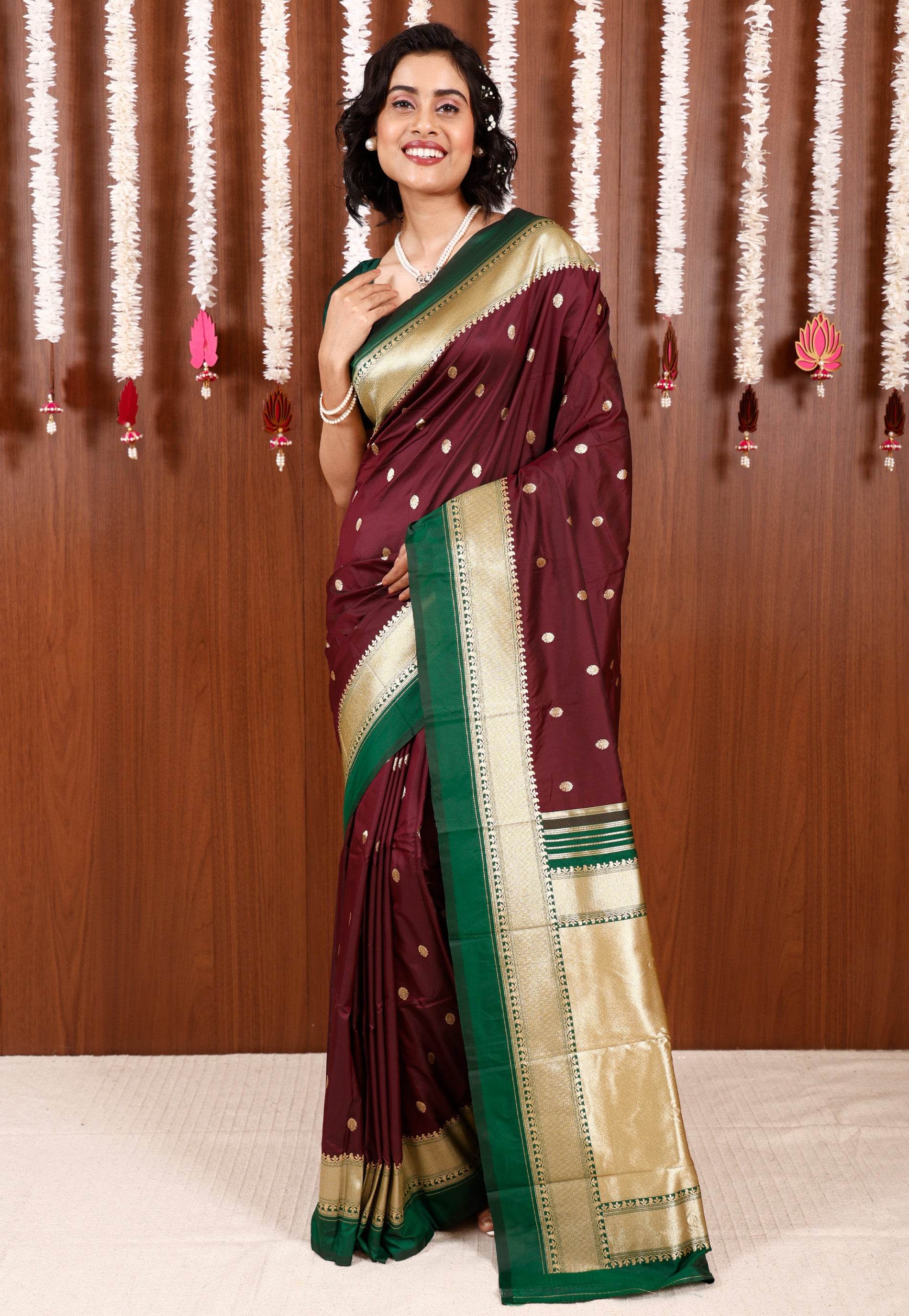 Maroon with Bottle Green Border Kanjivaram Silk Saree With Blouse Piece - Adi Akshoy & Co.
