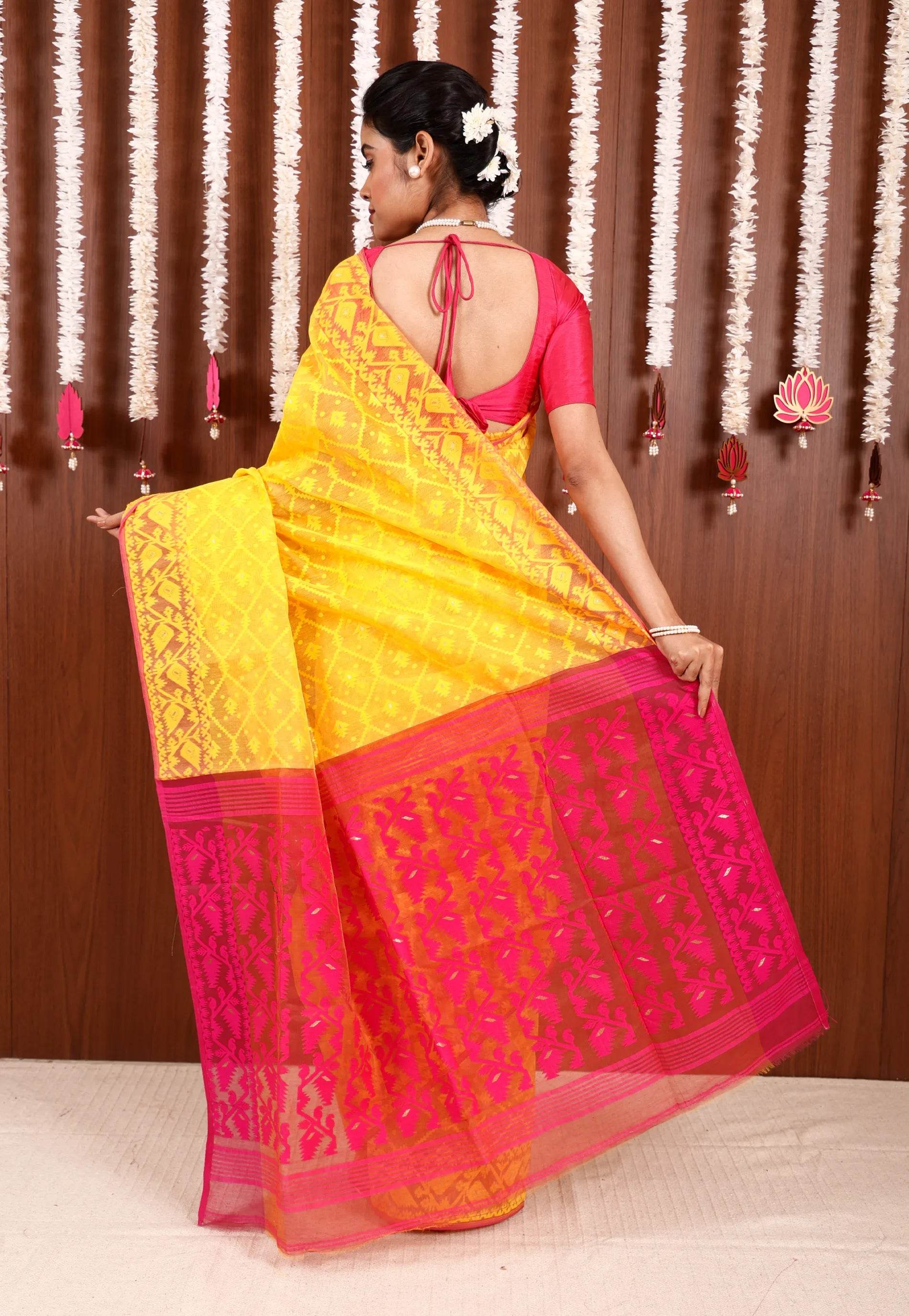 Yellow Dhakai Jamdani Cotton Saree without Blouse Piece - Adi Akshoy & Co.