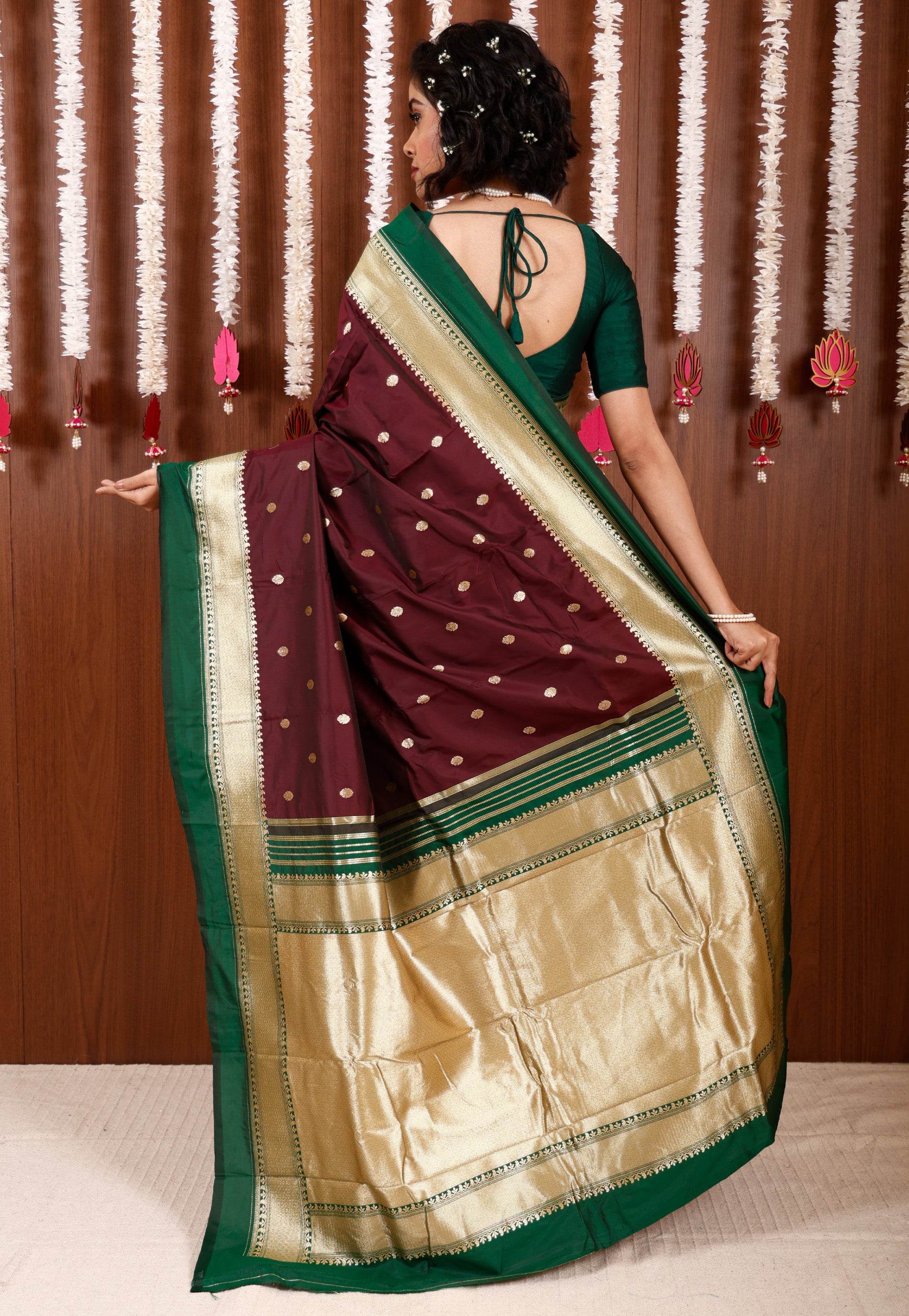 Maroon with Bottle Green Border Kanjivaram Silk Saree With Blouse Piece - Adi Akshoy & Co.