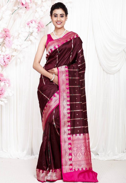 Maroon with Rani Pink Border Minakari Katan Pure Silk Saree With Blouse Piece - Adi Akshoy & Co.