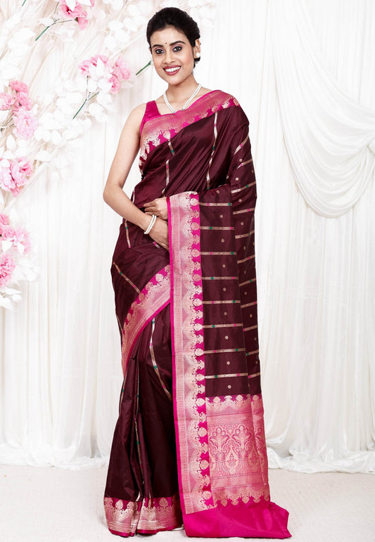 Maroon with Rani Pink Border Minakari Katan Pure Silk Saree With Blouse Piece - Adi Akshoy & Co.