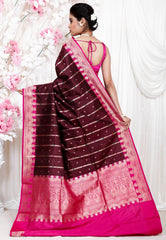 Maroon with Rani Pink Border Minakari Katan Pure Silk Saree With Blouse Piece - Adi Akshoy & Co.