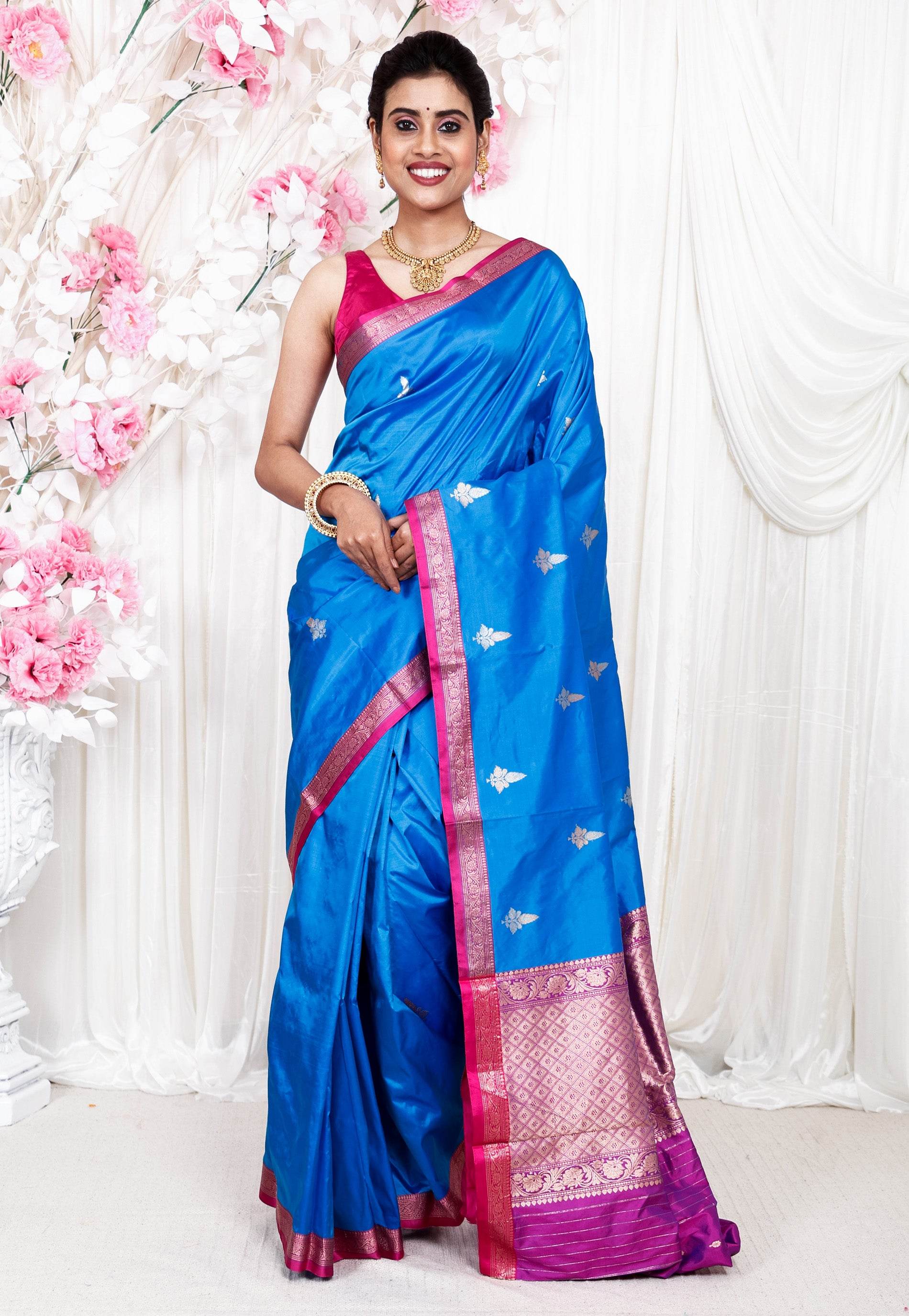 Feroza Blue with Rani Pink Border Katan Pure Silk Saree With Blouse Piece - Adi Akshoy & Co.