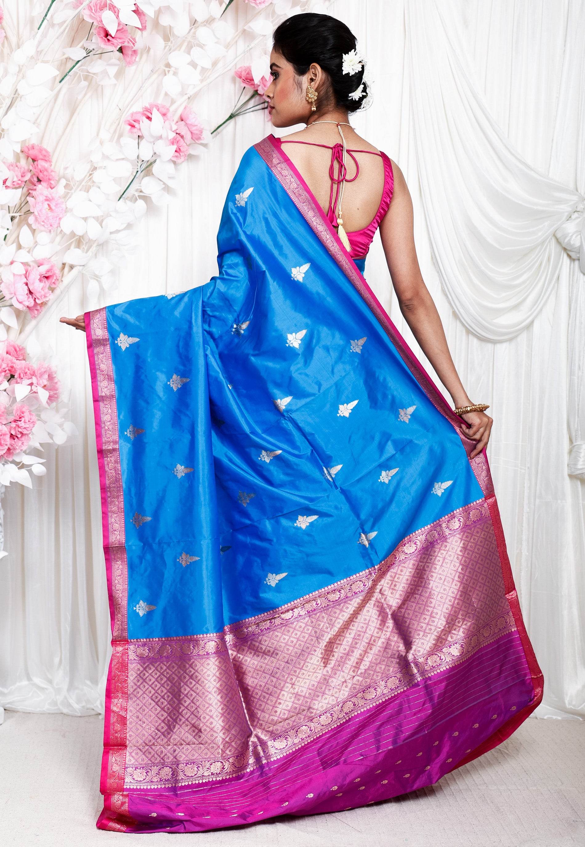 Feroza Blue with Rani Pink Border Katan Pure Silk Saree With Blouse Piece - Adi Akshoy & Co.