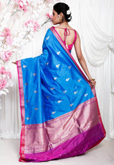Feroza Blue with Rani Pink Border Katan Pure Silk Saree With Blouse Piece - Adi Akshoy & Co.