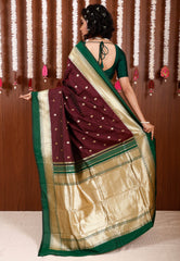 Maroon with Bottle Green Border Kanjivaram Silk Saree With Blouse Piece - Adi Akshoy & Co.