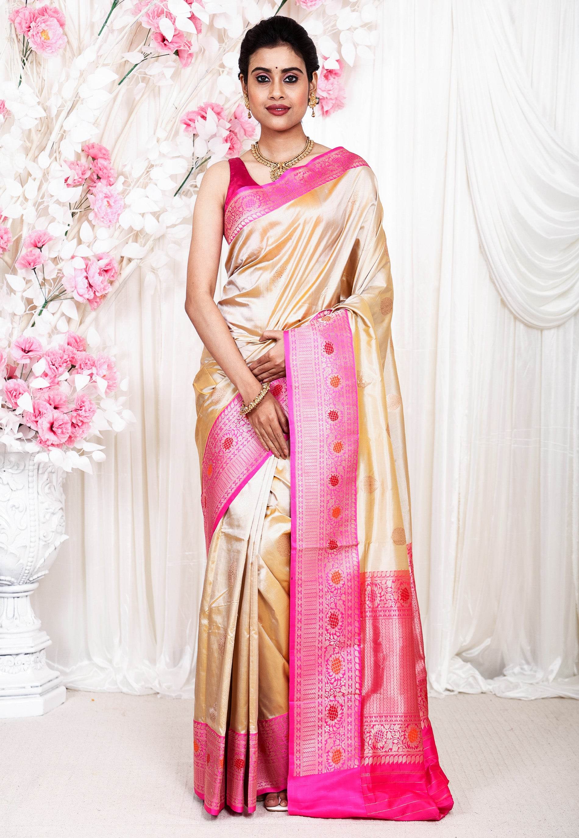 Tussar color with Rani Pink Minakari Border Katan Pure Silk Saree With Blouse Piece - Adi Akshoy & Co.
