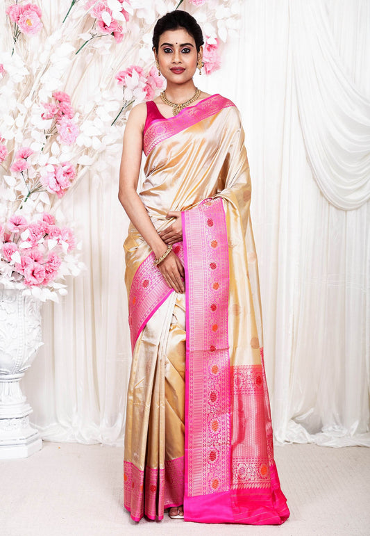 Tussar color with Rani Pink Minakari Border Katan Pure Silk Saree With Blouse Piece - Adi Akshoy & Co.