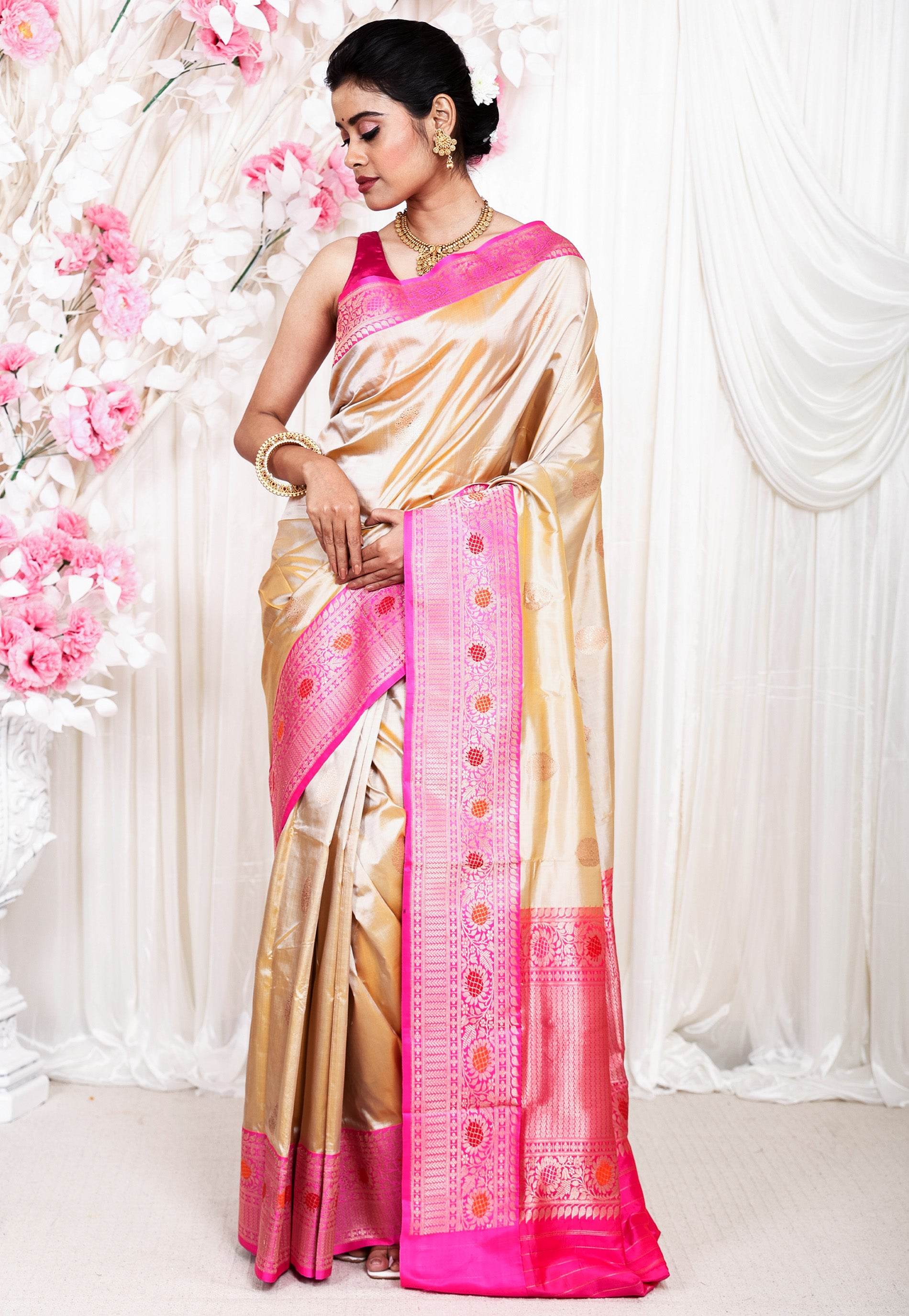 Tussar color with Rani Pink Minakari Border Katan Pure Silk Saree With Blouse Piece - Adi Akshoy & Co.