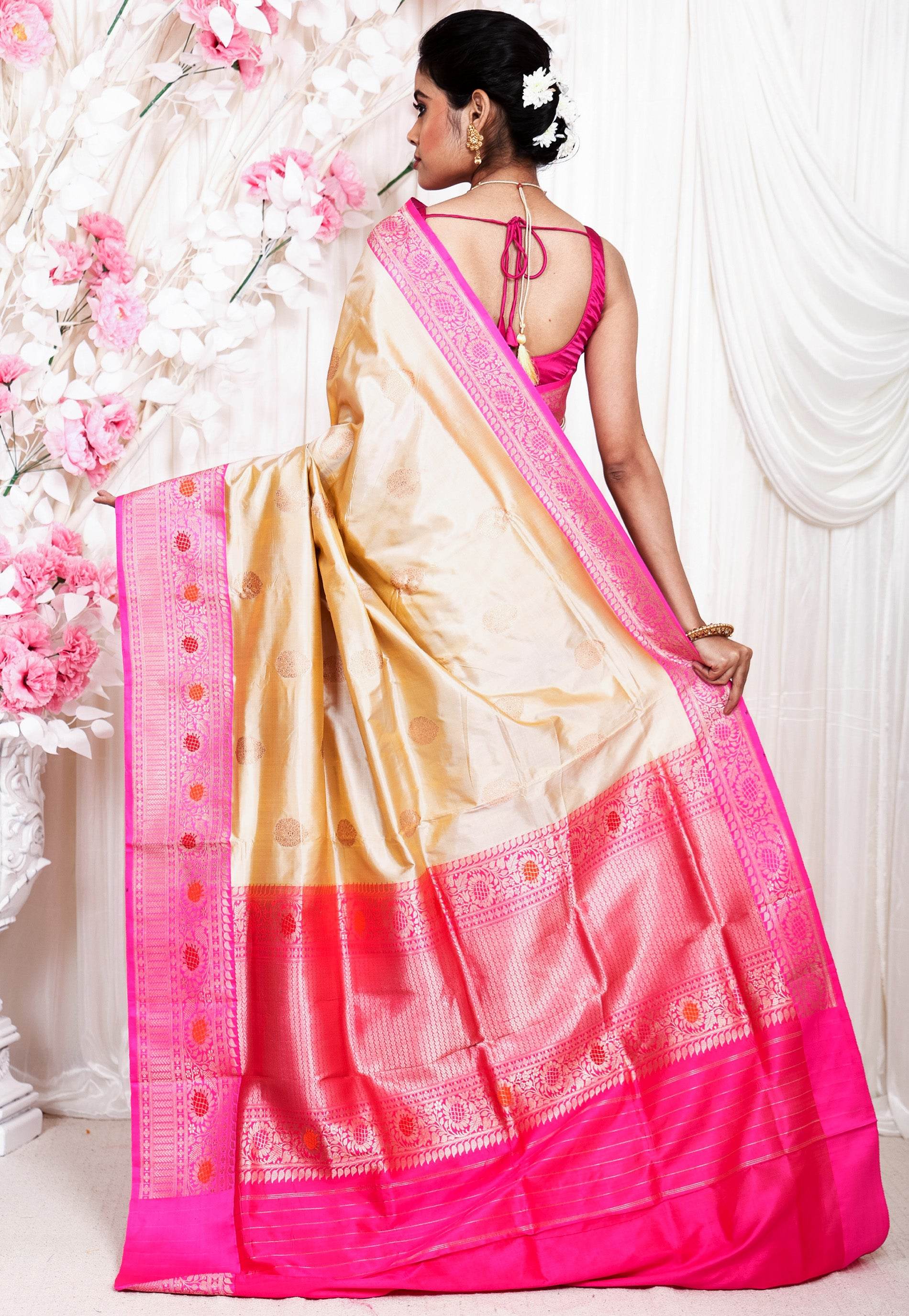 Tussar color with Rani Pink Minakari Border Katan Pure Silk Saree With Blouse Piece - Adi Akshoy & Co.